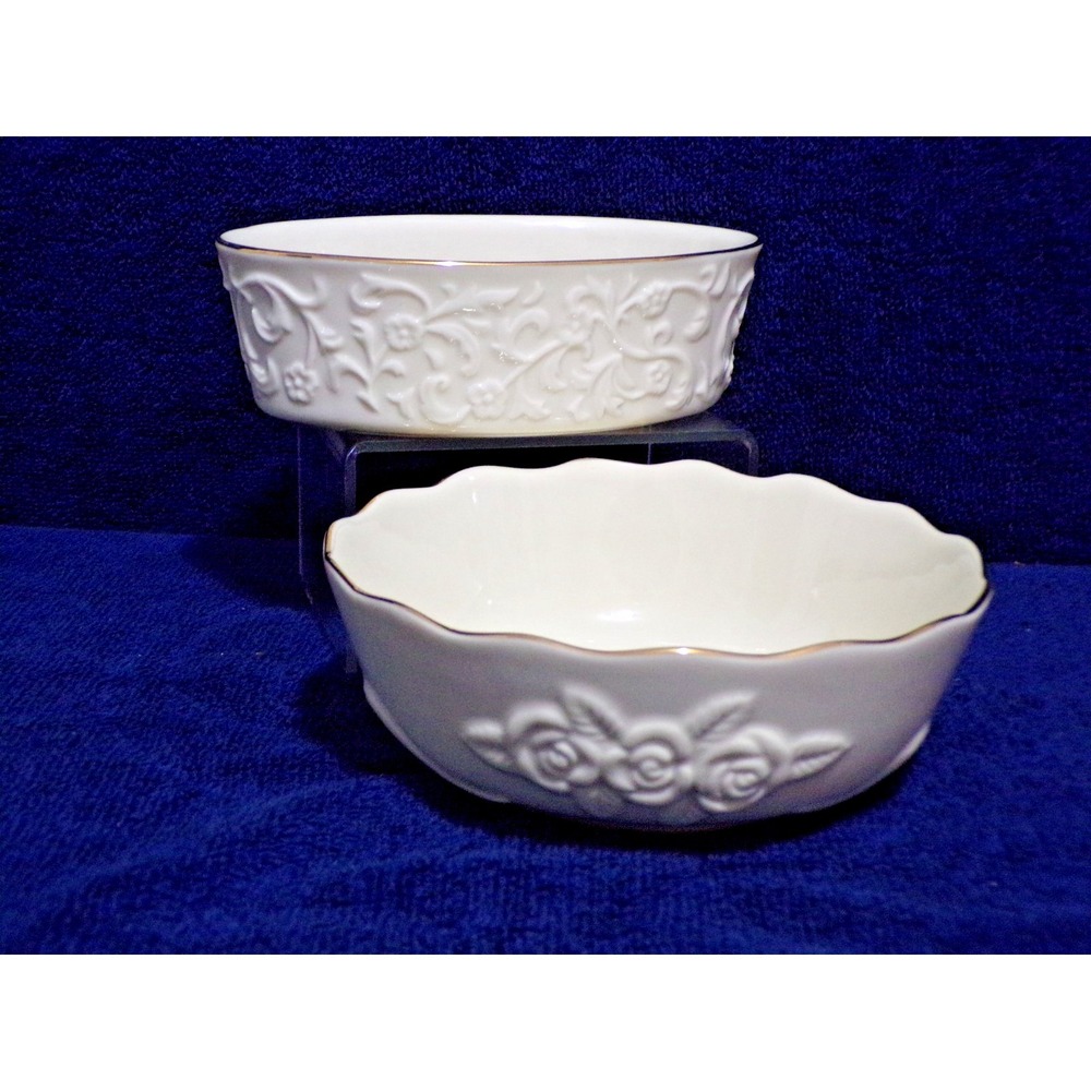Vintage Lenox Ivory Floral Candy Trinket  Dishes Gold Trim Set of 2 Oval & Round